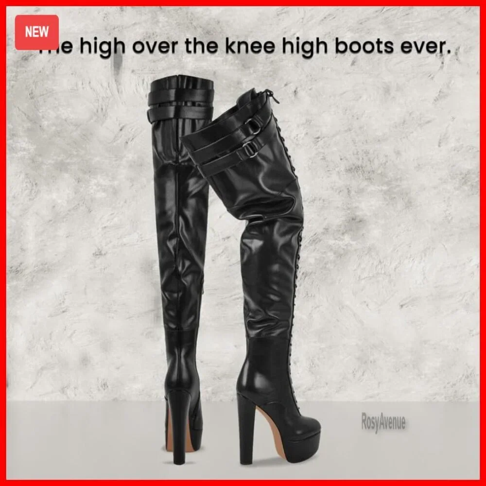 Women's Over The Knee Platform Boots Lace-Up Chunky Heels Thigh High